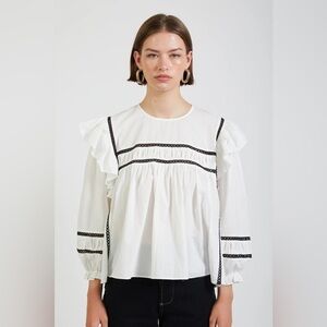 En Saison Aliza Long Sleeve Ruffle Blouse Top in White Size Small NWT